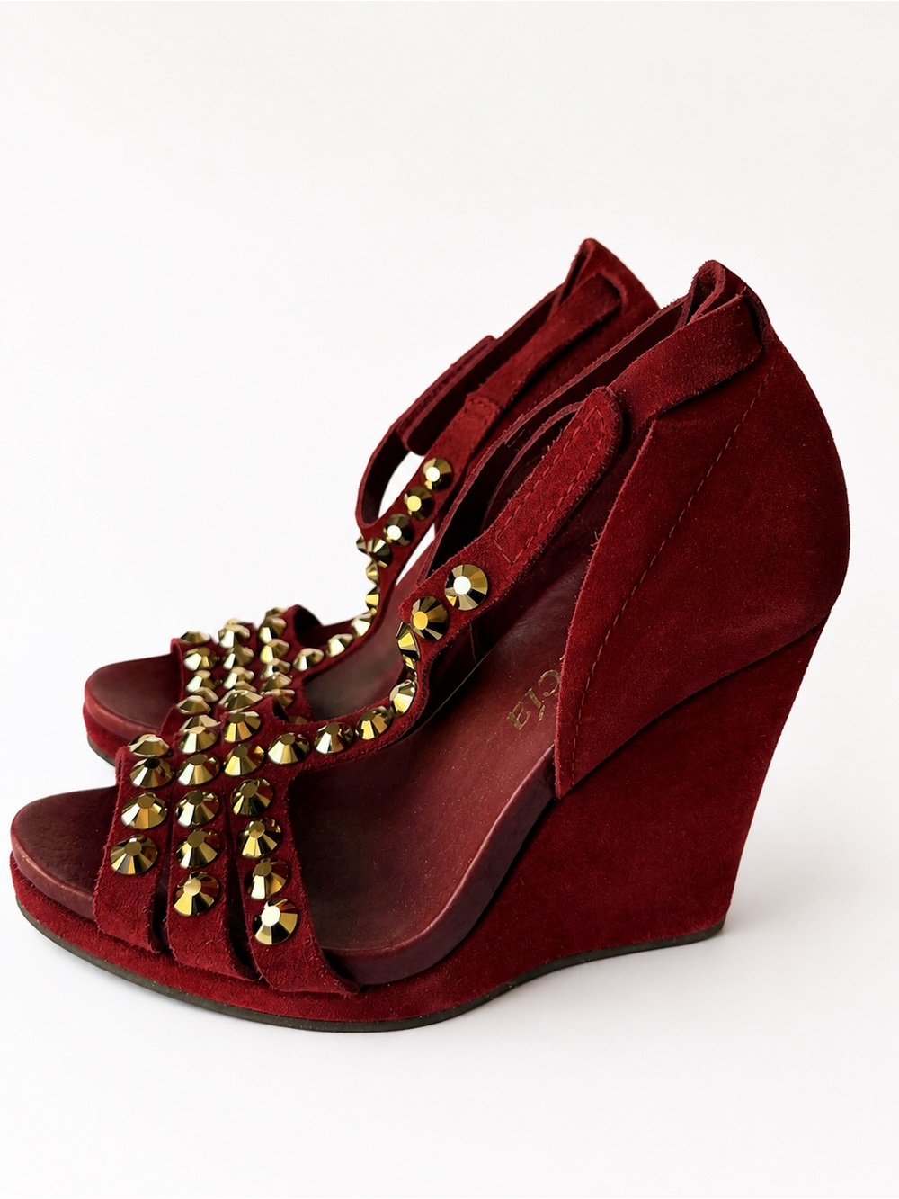 Pedro Garcia Red Suede Studded Wedge Sandals Sz 37 Burgundy Open Toe Spain US 7